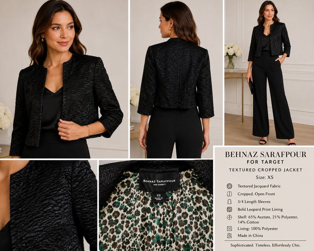 Behnaz Sarafpour for Target Black Textured Cropped Jacket Leopard Lined XS